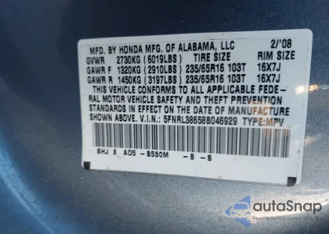 2008 Honda Odyssey Ex-L from USA, damaged, VIN 5FNRL38658B046929